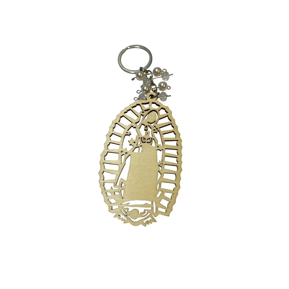 Virgin Mary Santa Maria Wooden Keychain Spanish Prayer Laser Cut Wood Bead Charm